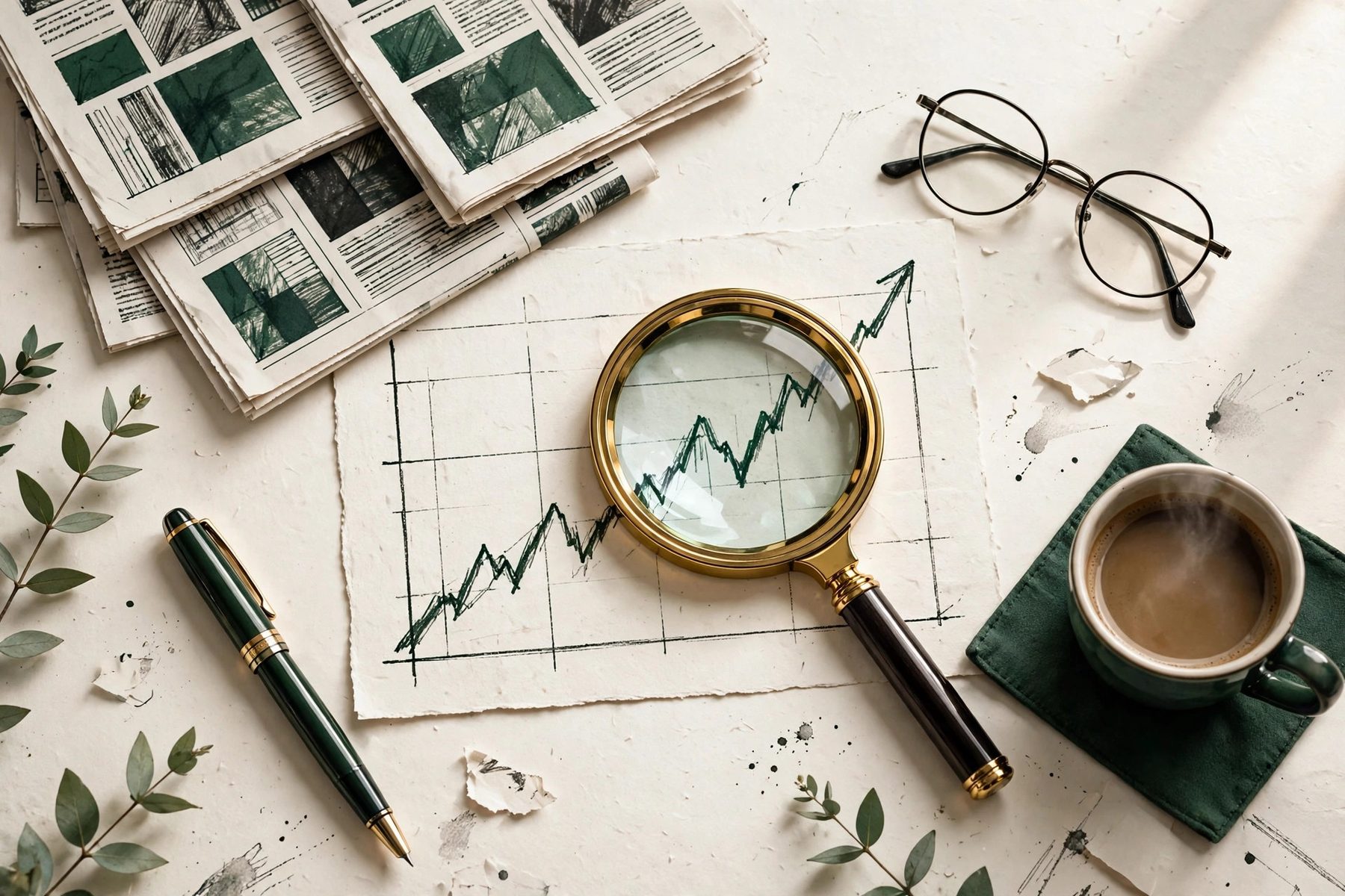 An analyst&rsquo;s desk with research notes, a magnifying glass over a rising chart, and a fountain pen